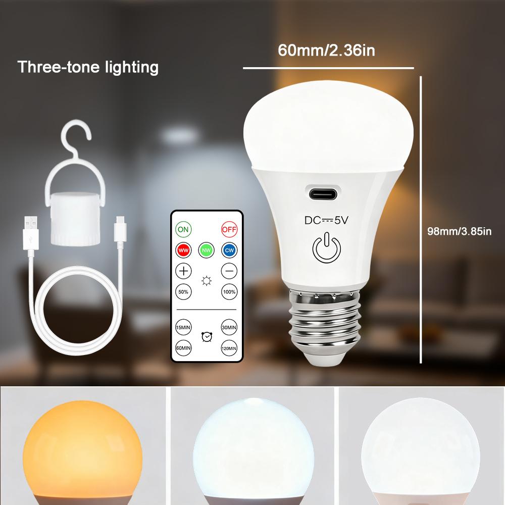 E27 Wireless RGB/CW Stepless Dimming USB Rechargeable Light Bulb with Remote Control Battery-Powered Light Bulb Dimmable/Timer