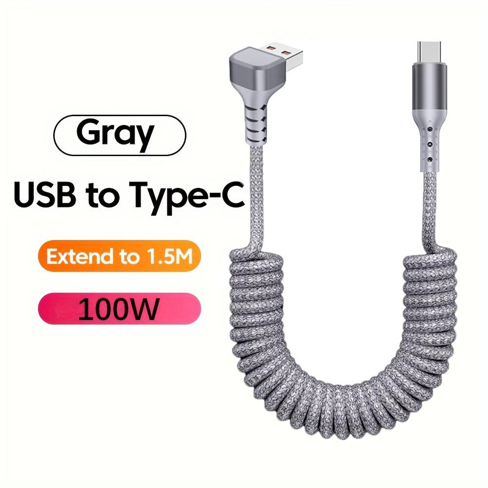 90 Degrees 100W USB Type C Spring Car Fast Charging Cable for Samsung Xiaomi USB C Data Cord for iPhone 15 Huawei USB C Wire