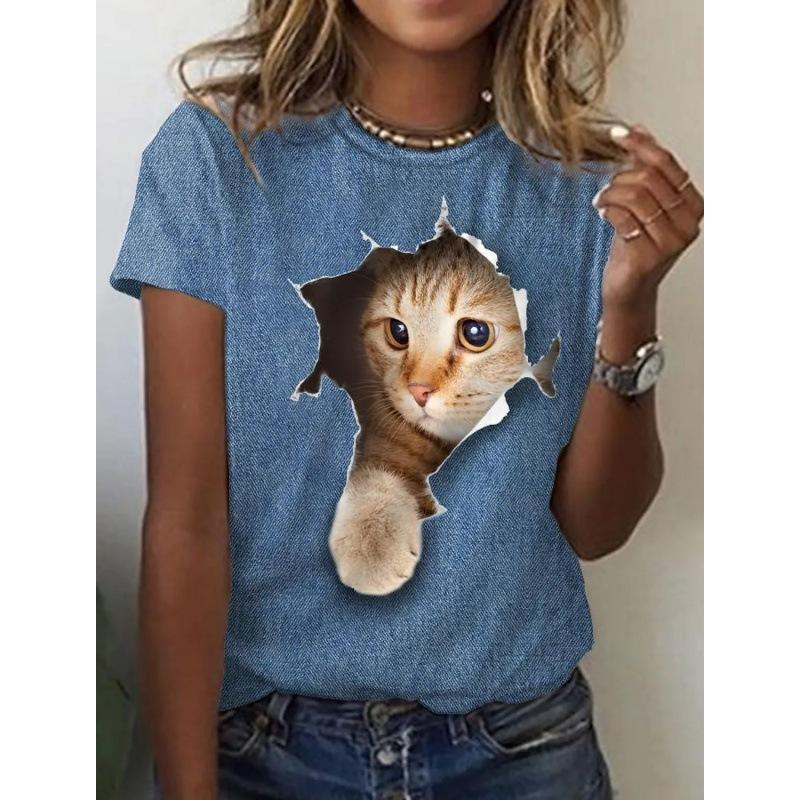 Summer Women's Short Sleeved T-shirt Cute Cat 3D Printed Fashionable Loose Casual Round Neck T-Shirts Women’s