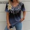 Summer Casual Loose Short Sleeve T Shirt Vintage V-Neck Flowers Printed Women's Tee Tops