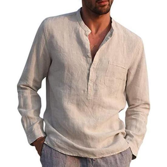 Men Shirt Solid Color Stand Collar Button Casual Spring Top for Daily Wear