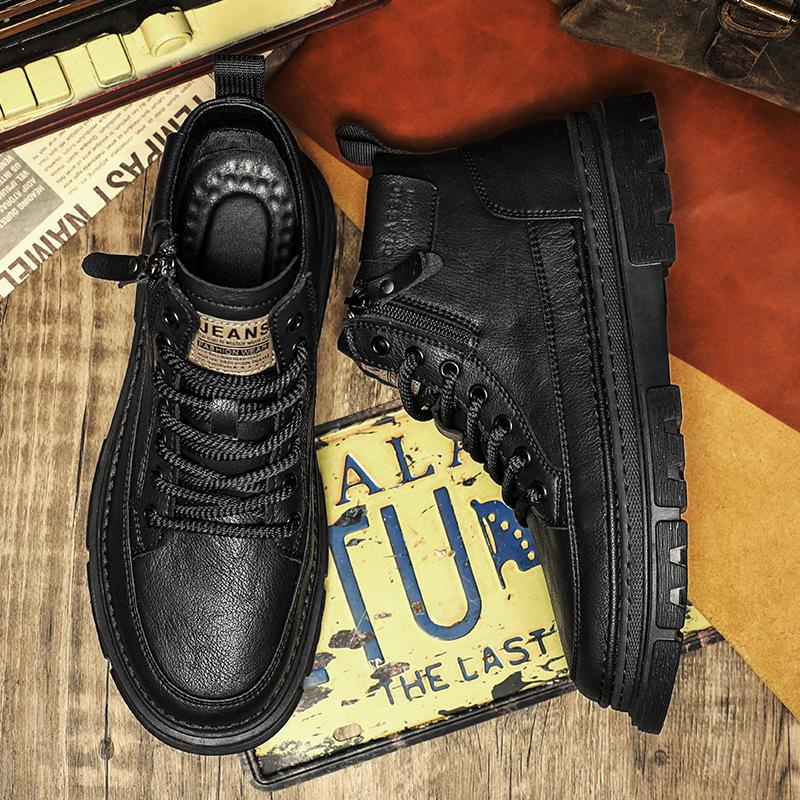 Outdoor Casual Men's Leather Martin Boots Autumn and Winter Leather Boots Men's Fashion Trend Versatile Thick-soled Zhongbang Men's Boots