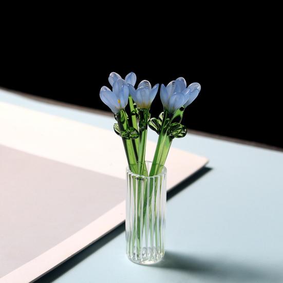 Mini-Fälschungskristall-Orchideenblütenfigur Handgeblasener kleiner Glasblumenstrauß mit Stiel für Frauen Mama Hochzeit Muttertag Büro Zuhause Tisch