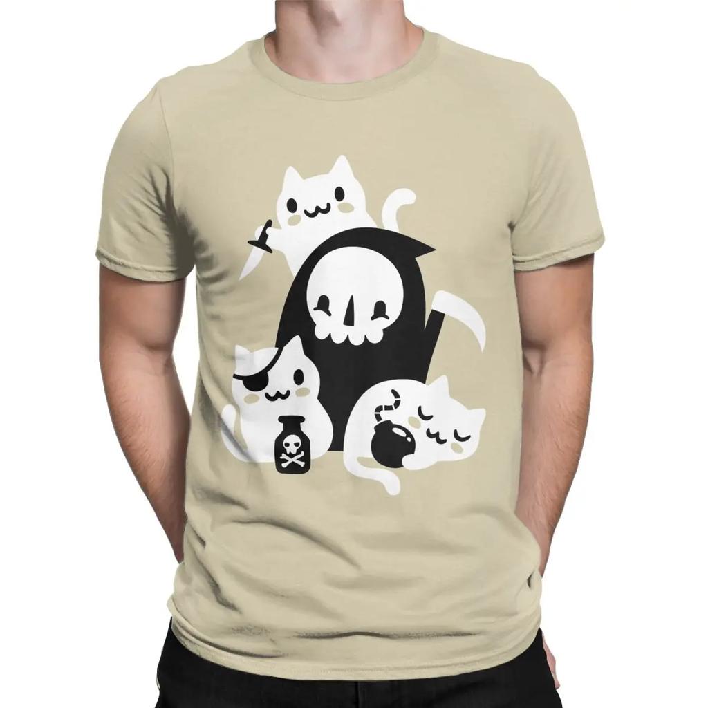 Death's Little Helpers Cat T Shirts Men Pure Cotton Casual T-Shirt Round Collar Halloween Cute Tees Short Sleeve Clothes