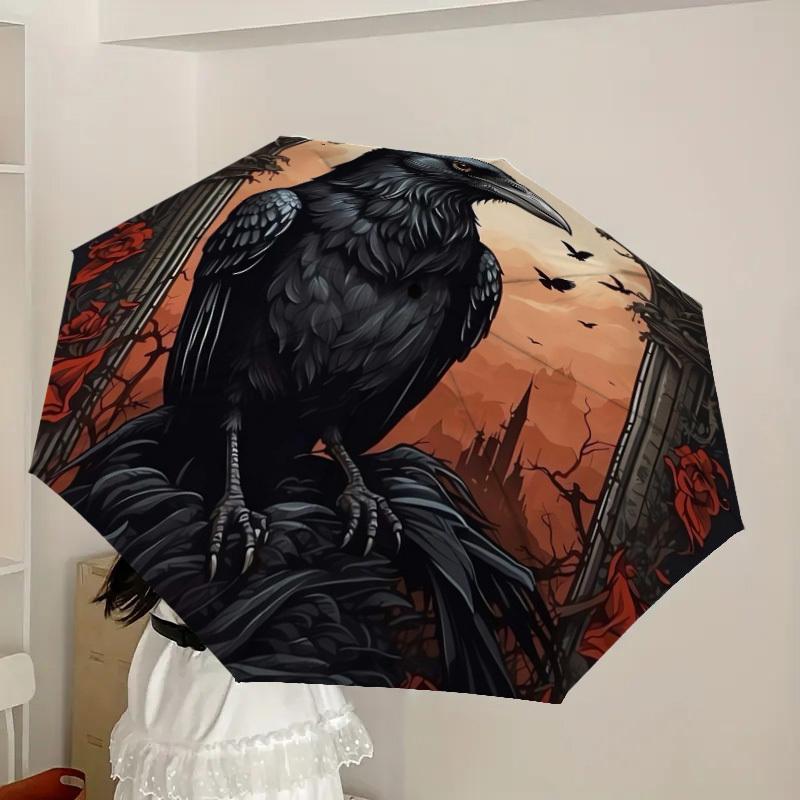 1pc Raven with Gothic Castle Background Umbrella with Plastic Handle,Suitable for All Seasons Home Travel Outdoor UmbrellaDD282