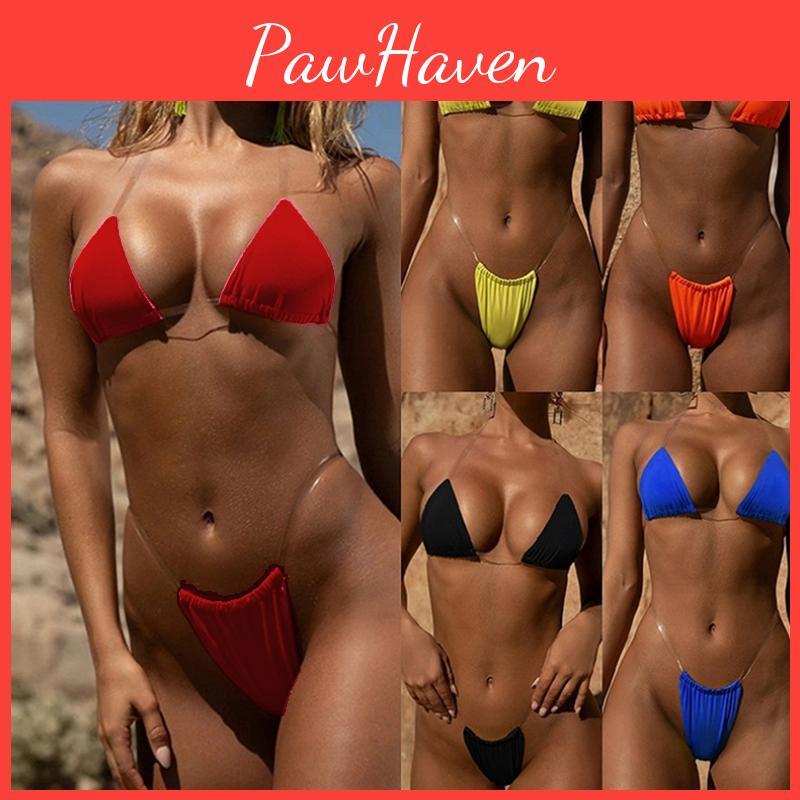 Micro Clear Bikini Straps Women Brazilian Gstring Set Thong Swimwear Swimsuit