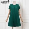 QICED Women Casual Summer Short Sleeve Round Neck Pleated Dress