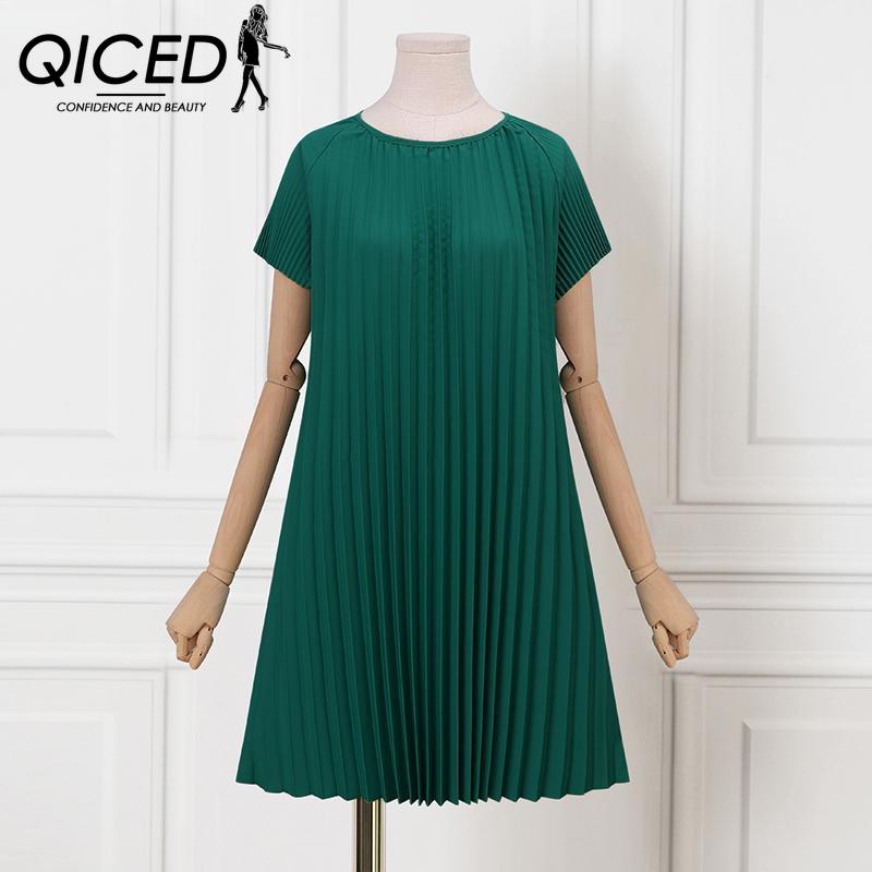 QICED Women Casual Summer Short Sleeve Round Neck Pleated Dress