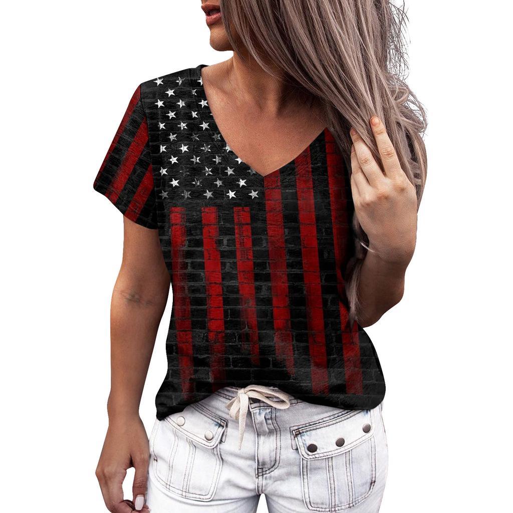 Summer Women Floral Print V Neck Short Sleeve Loose 3D T Shirt