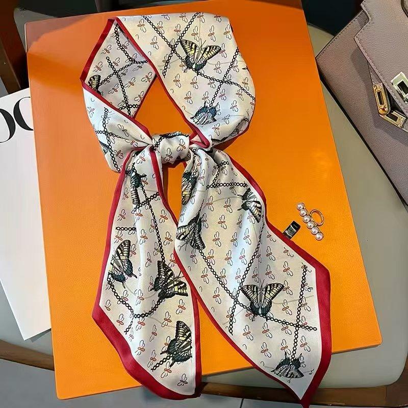 Luxury Design Long Silk Scarf Women Summer Fashion Bag Handle Ribbon Ladies Horse Print Headband Small Hair Scarves Female