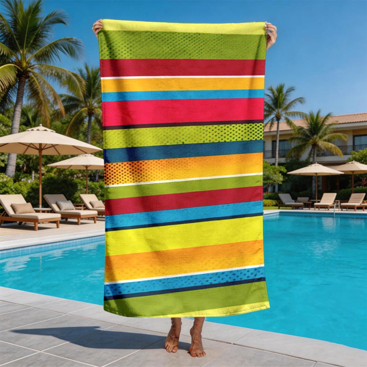 

Serape-style rainbow stripes polyester microfiber beach towel is highly absorbent, suitable for swimming and beach outings W30*H60(CM)