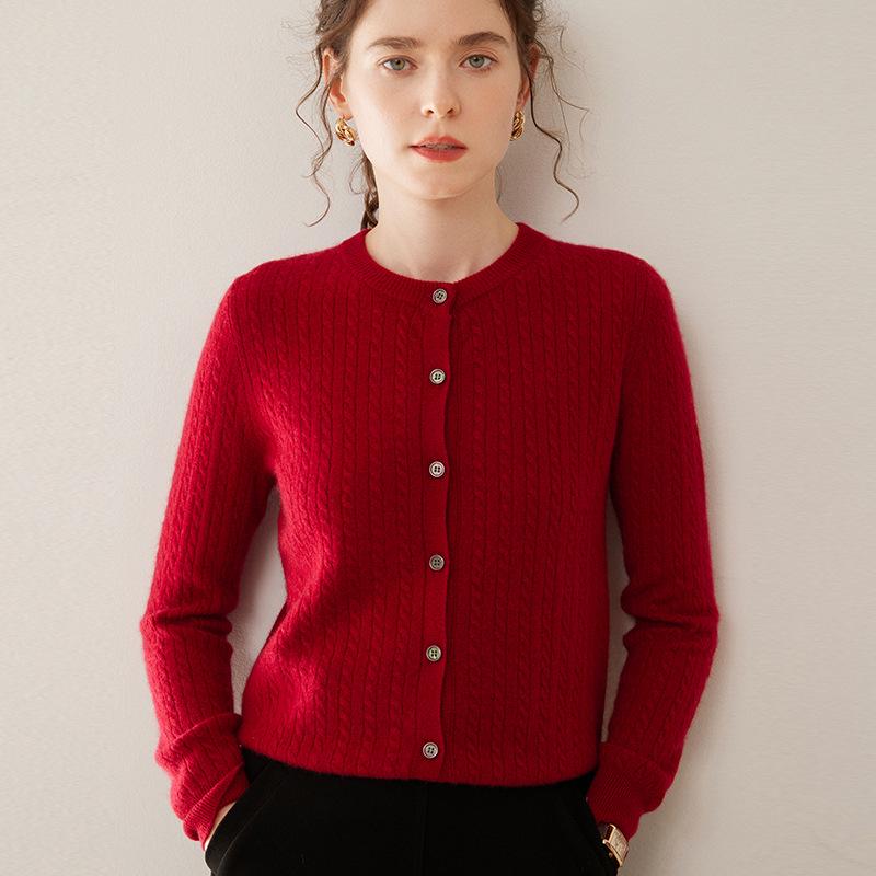 Women's Cable Knit Cashmere Cardigan - Long Sleeve, Button-Up Sweater for Autumn/Winter 2024.