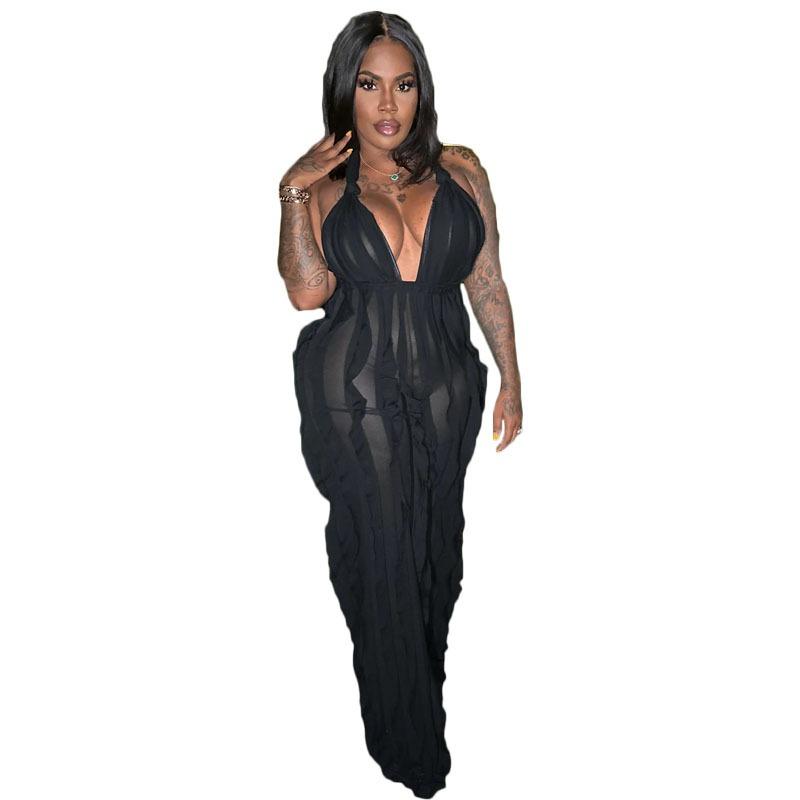 Backless Pleated Sexy Jumpsuit Women Rompers Halter Neck Sleeveless V Neck Women Bodysuits Loose Backless High Waist Playsuits Outfits Clothes 857