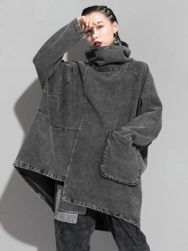 Dimanaf Loose Fit Black Denim Big Size Sweatshirt New High Collar Long Sleeve Women Big Size Fashion Spring Autumn 2024