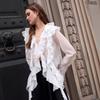 Elegant French Vintage Tencel Blouse With Ruffled Trim V-Neck Flared Sleeve Shirt Women