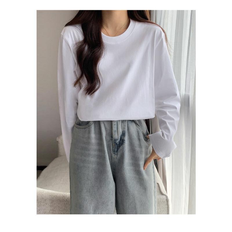 Minimalist Interior Base Shirt for Women, Autumn Long Sleeved Pure Cotton Shoulder T-shirt for Men, Round Neck Solid Color Couple's Clothing