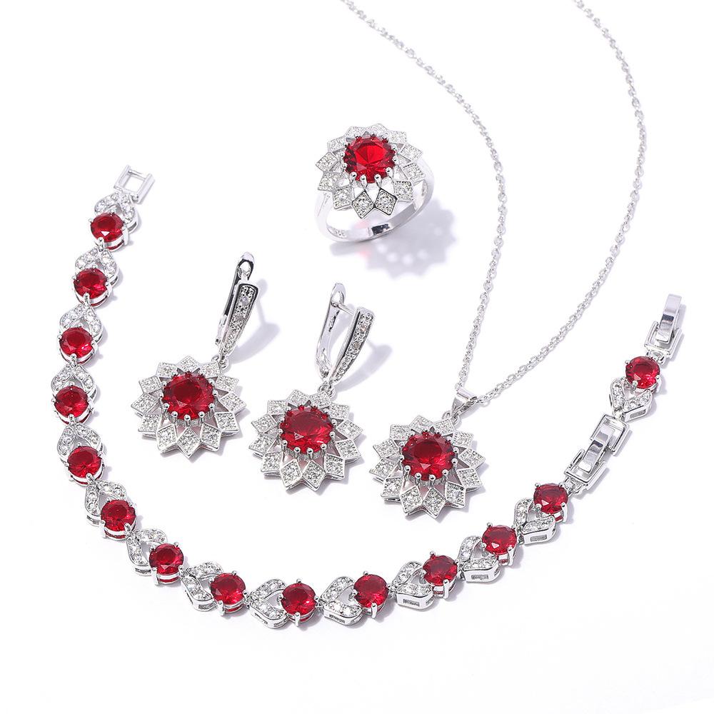 Round Zircon Necklace Earrings Ring Bracelet Set, Copper Set Zircon Platinum Plated Jewelry, Multicolor