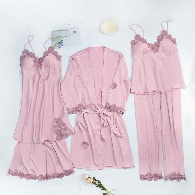 Yao Ting Satin Chiffon Five-Piece Pajama Set: Ice Silk, Casual, Sexy, with Chest Pads for Spring/Summer