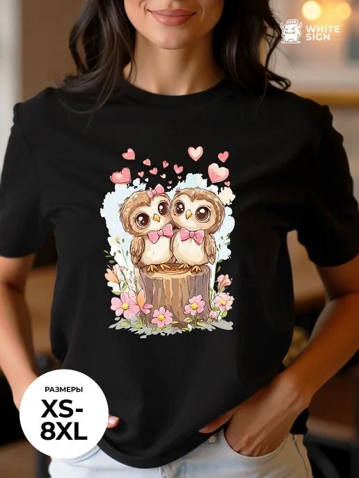 Oversized Cotton Dressy T-shirt with  Owls  print XL