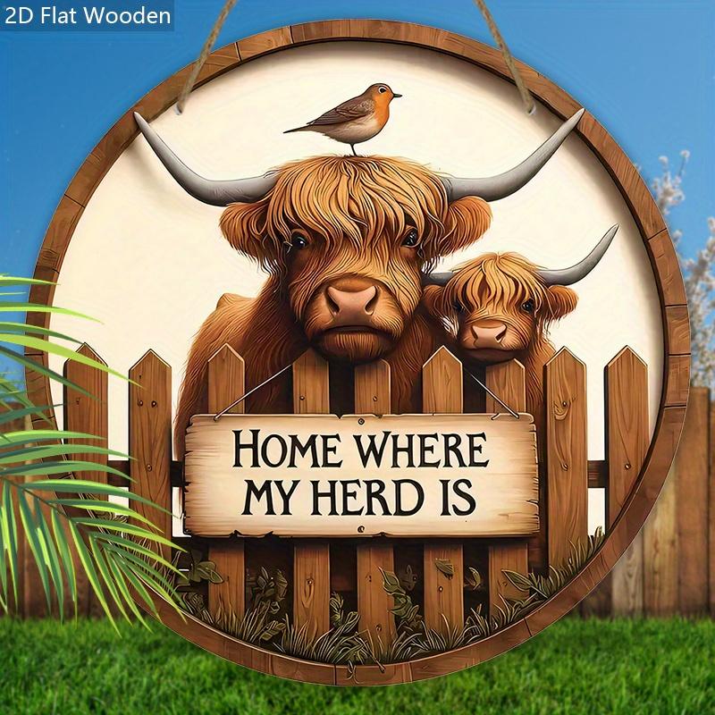 Wooden Welcome Sign with Highland Cattle Design - Rustic Decorative Plaque for Farmhouse, Front Door, Porch Decor - Ideal Gifts for Family