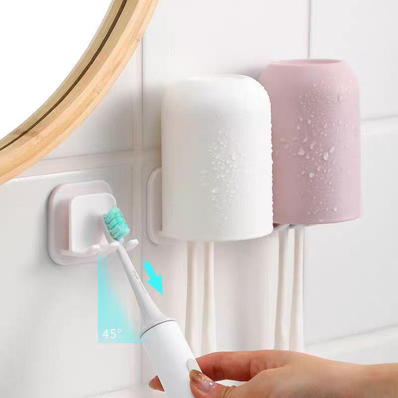 Wall-Mounted Toothbrush and Cup Holder - Portable, Punch-Free, for Electric Toothbrushes and Mouthwash Cups.