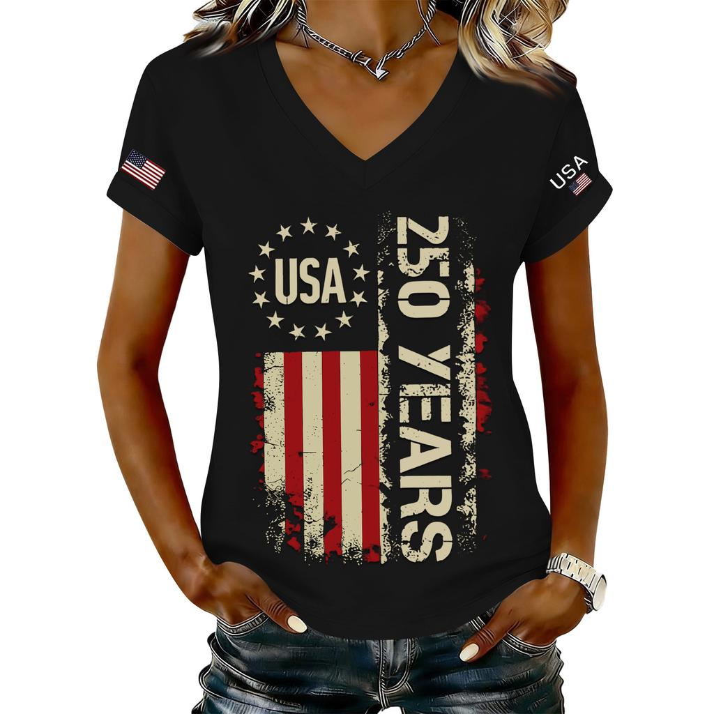 Women's Fashionable V-Neck Casual Retro Print Short Sleeved T-shirt Top