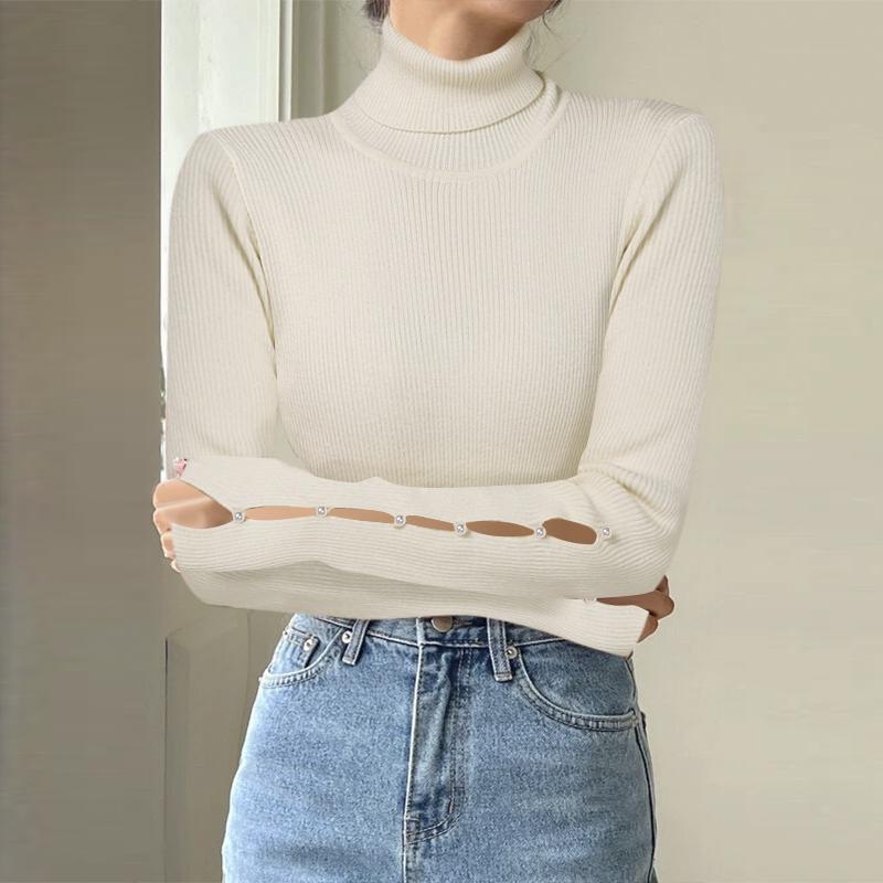 VONDA Women Winter Autumn High Neck Pearl Decorated Long Sleeve Striped Sweaters Undershirts