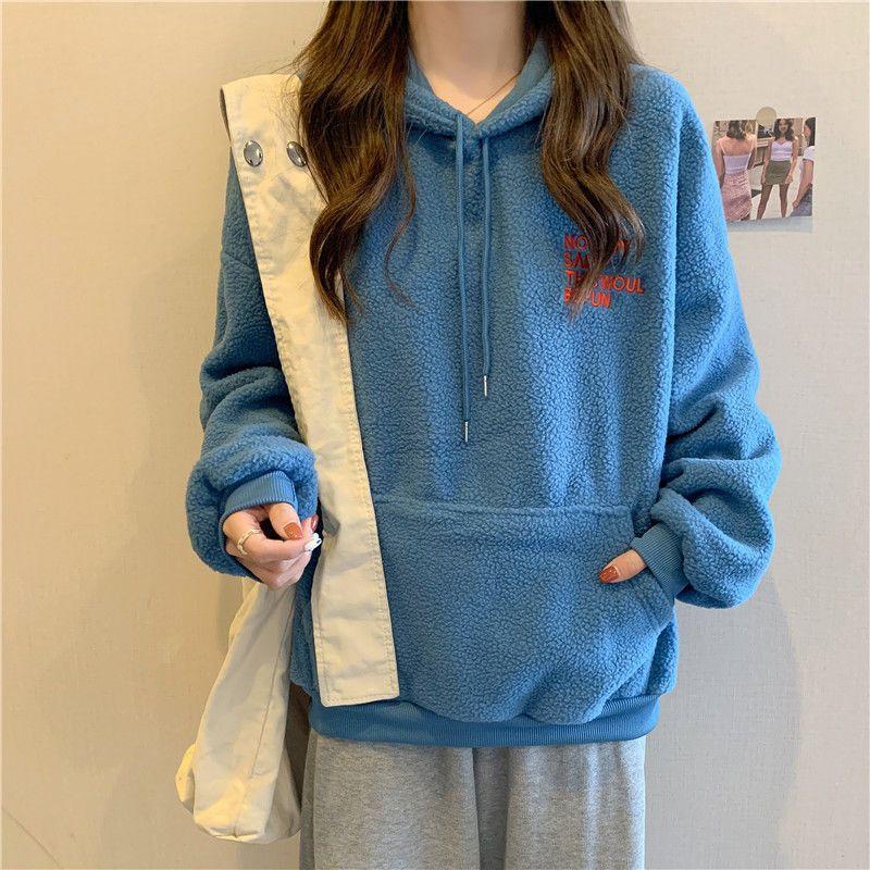 Cross-border real shot hooded fleece thickened 300g lamb fleece furry sweater women's Korean version autumn and winter warm jacket