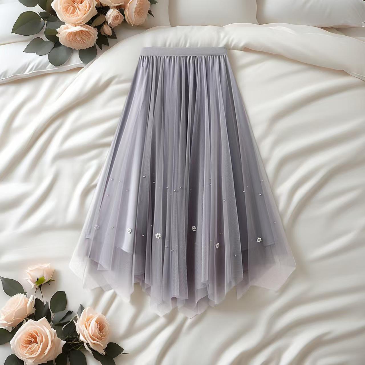 Women s High Waist Beaded Mesh A-Line Skirt - Summer Mid-Length Slimming Design One Size серый