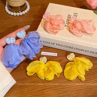 Super Fairy Chiffon Flower Fringed Earrings Women's Summer Seaside High-end Sense Exaggerated Stud Earrings Gentle Temperament Vacation Earrings