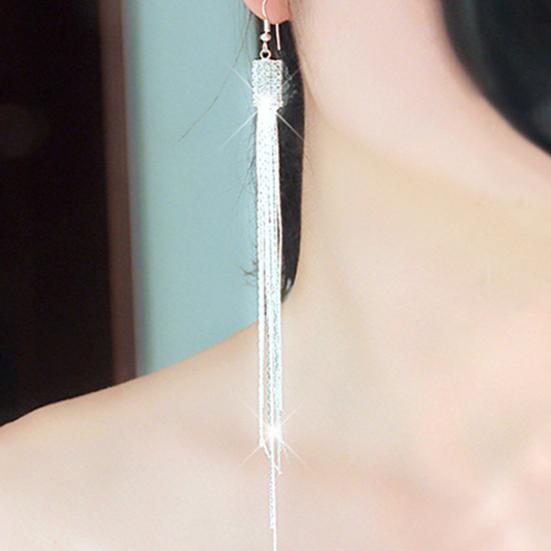 1 Pair Women Square Rhinestone Drop Earrings Long Tassels Chain Dangle Hook Earrings Jewelry