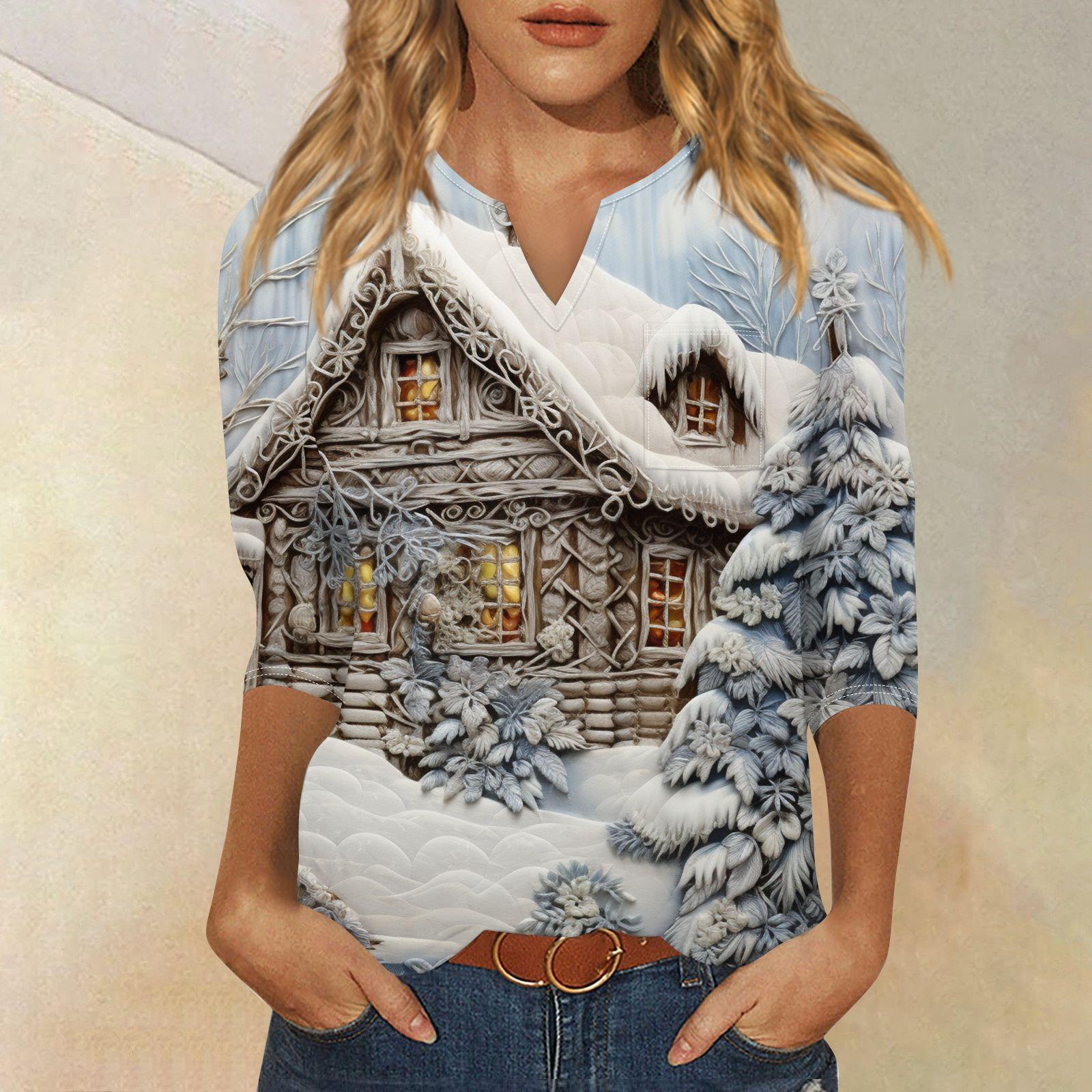 

Женская рубашка с рукавом семь дюймов, напечатанная в стиле ретро, повседневная, свободная, с V-образным вырезом, рождественская XXL белый