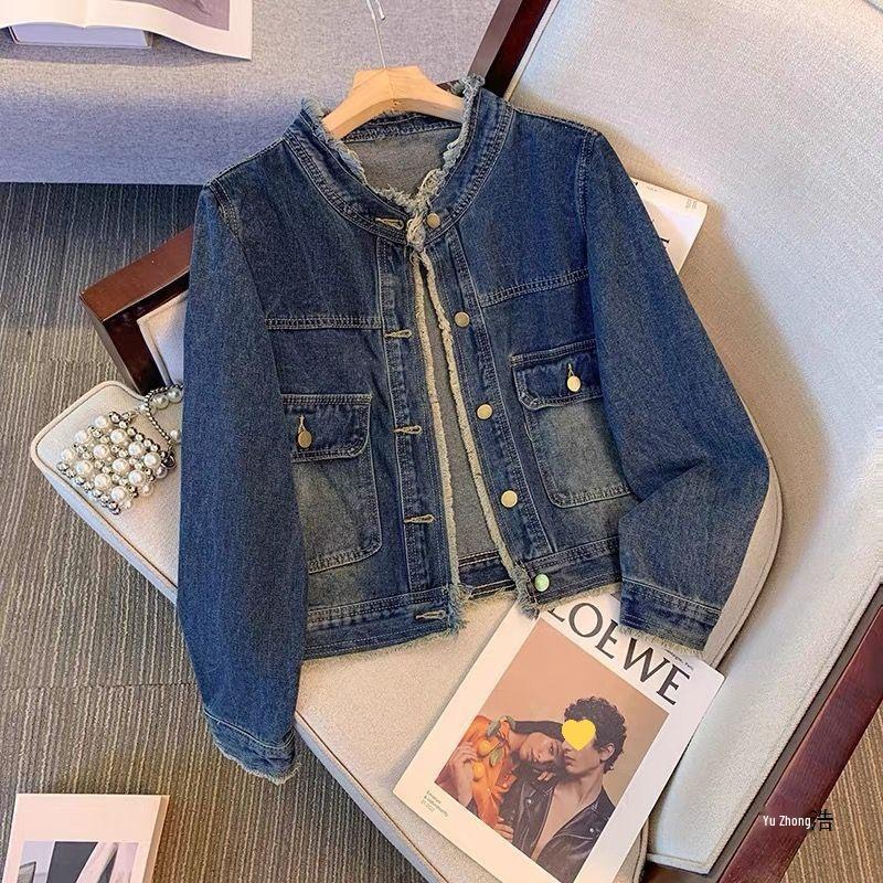 Women's Short Dark Blue Retro Frayed Denim Jacket - Spring/Autumn 2026, New Loose Hong Kong Style