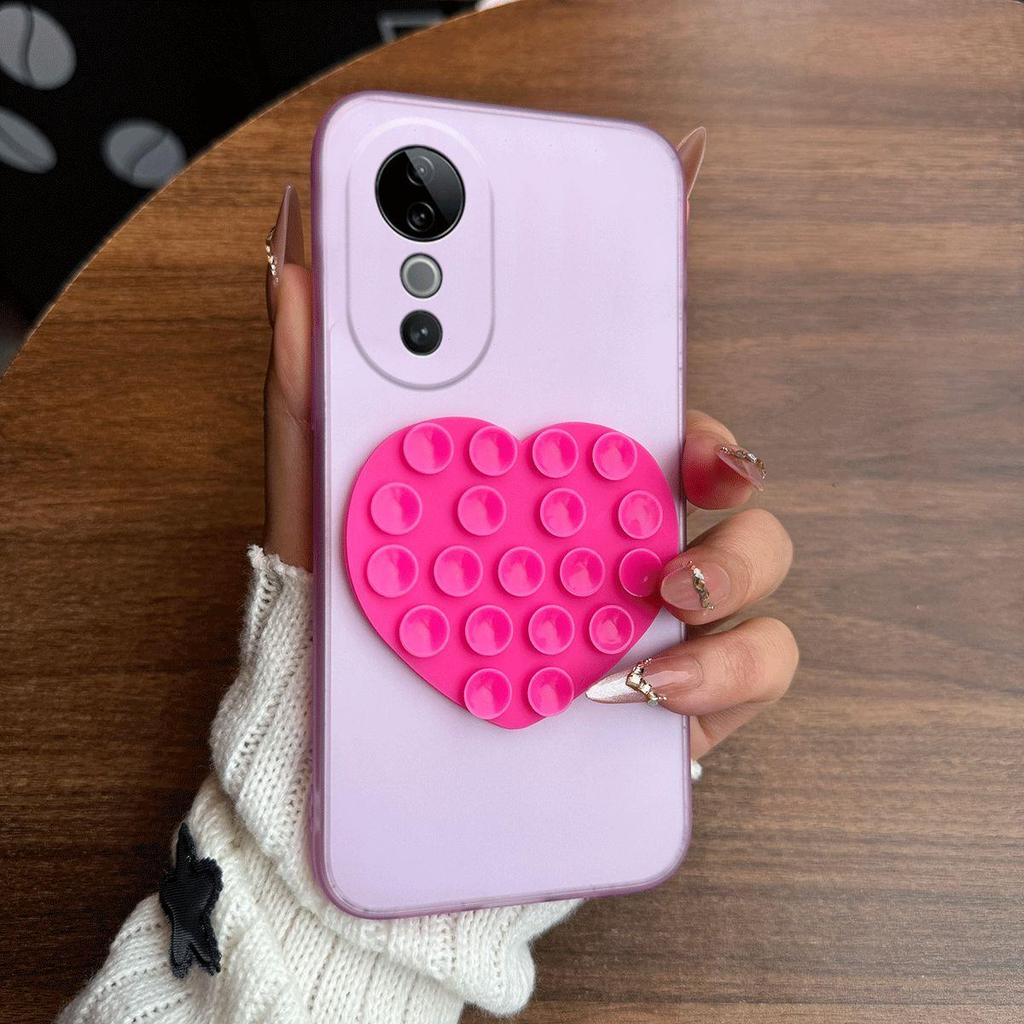 Heart Shape Suction Cup Phone Case for Vivo V40,V40 Pro Semi Transparent Matte Shockproof Soft TPU Cover