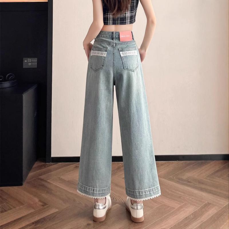 2026 New Lace Trim Straight-Leg Jeans for Women, High-Waisted Wide-Leg Cropped Pants