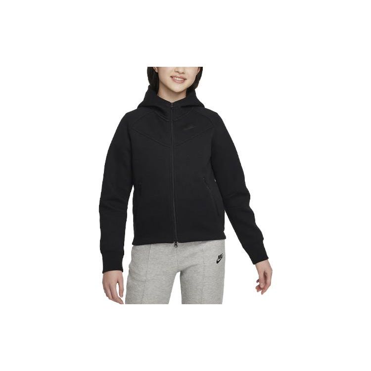 Nike Sportswear Tech Fleece Logo Print Hooded Zip-Up Sweatshirt Kids Tops Black FD2979-010