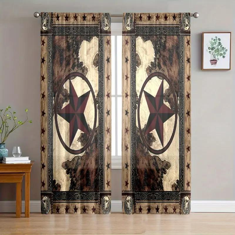 2PCS Retro Star Wen Printed Curtains, Polyester Material Design with Rod Bags, Bedroom, Home Decoration