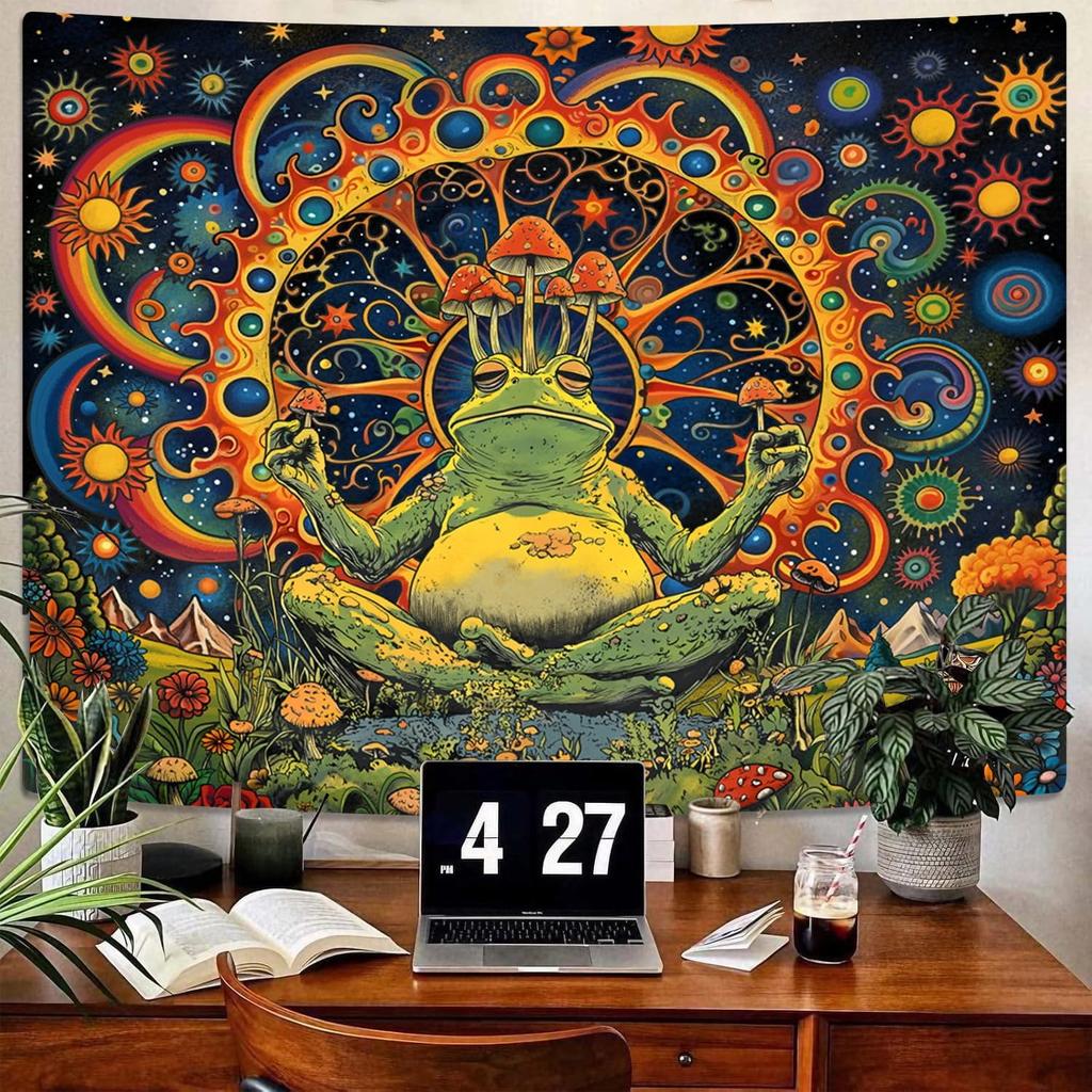 ARTCREATOR Funny Vintage Frog Mushroom Tapestry, Whimsical Mushroom Decor Hippie Wall Tapestries for Living Room Bedroom (29" X 37")