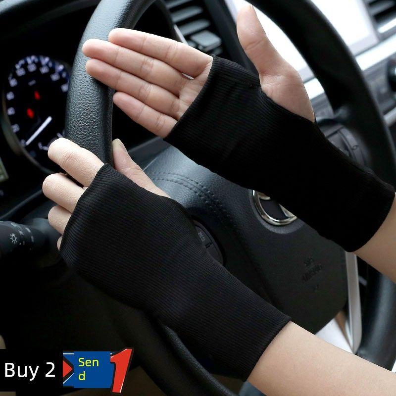 

Summer Sun Protection Gloves Women Half Finger Thin Cool Ice Silk Men s Driving Riding Non-Slip Breathable Open Finger Writing Game Black All yards
