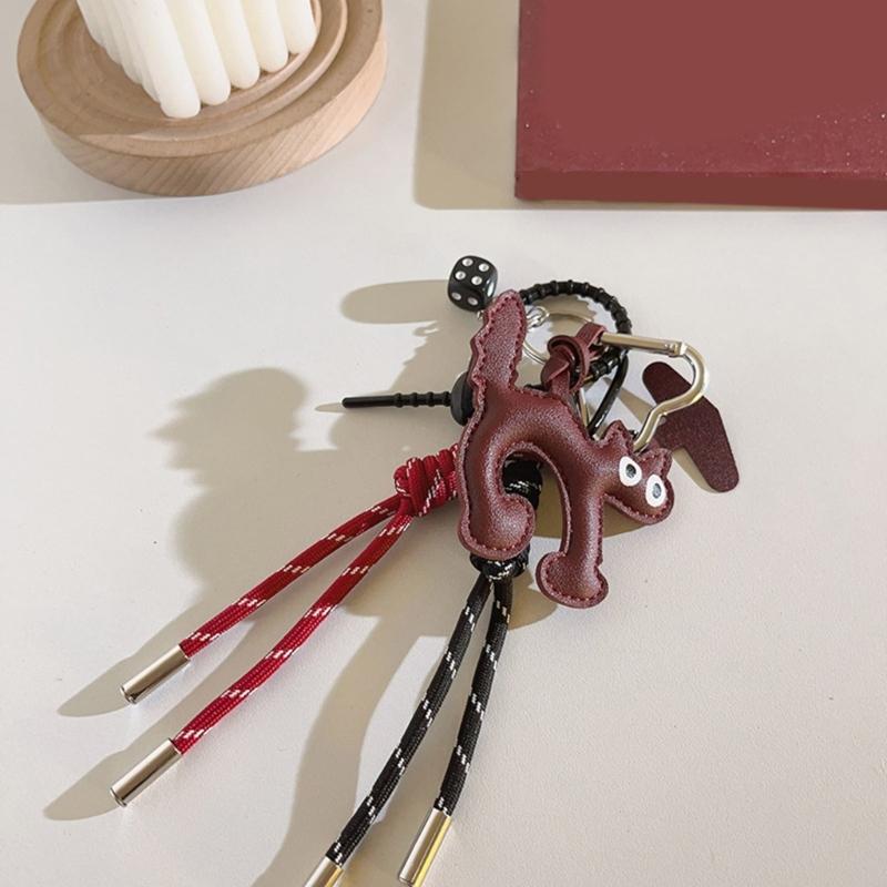 Elegant PU Leather Cat Pendant Keychain Braided Rope Phone Charm for Fashion Accessories Backpack Hanging Ornament