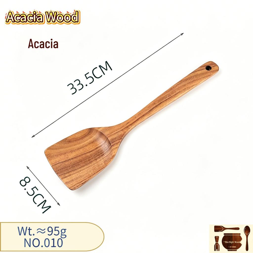 Conjunto de Espátula e Colher de Madeira de Acácia - Colher de Teca Antiaderente e Escorredor de Macarrão