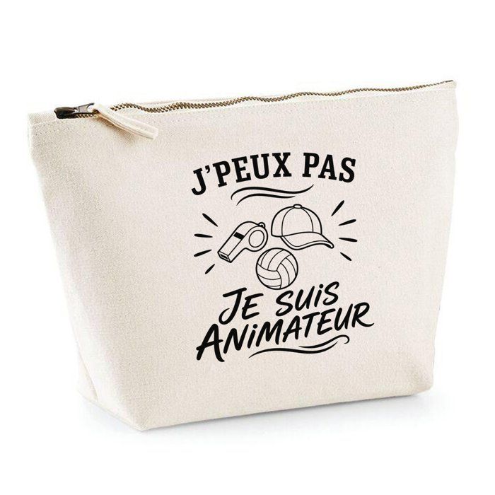 Trousse Beige J’peux pas je suis Animateur J'peux pas minimaliste | Trousse de Toilette en Coton 3 L avec Zip Métal et Fond Plat