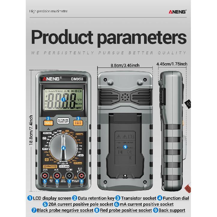 ANENG DM950 Multimeter Voltage Current Digital Tester High Precision hFE Transistor Capacitance Detected For Electrician Tools