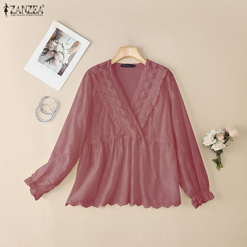 ZANZEA Women Casual V Neck Long Sleeve Crochet Patchwork Loose Blouse