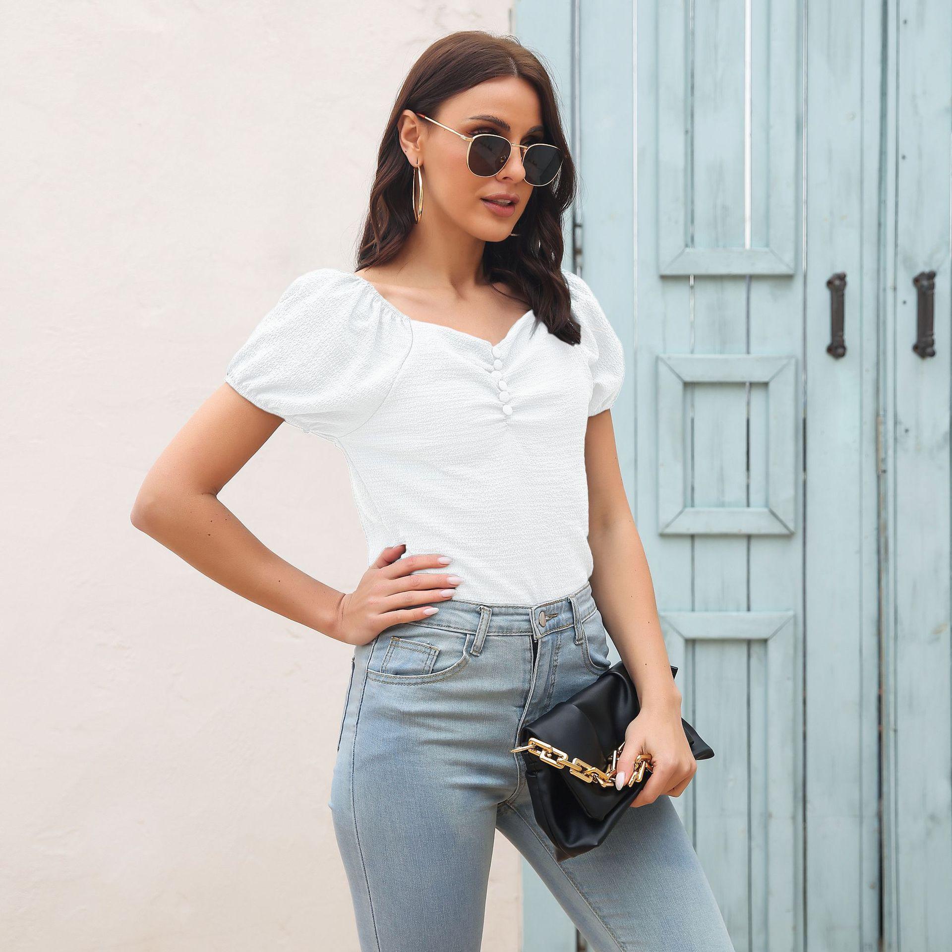 

Модная женская летняя повседневная однотонная футболка с V-образным вырезом и блузкой XXXL белый