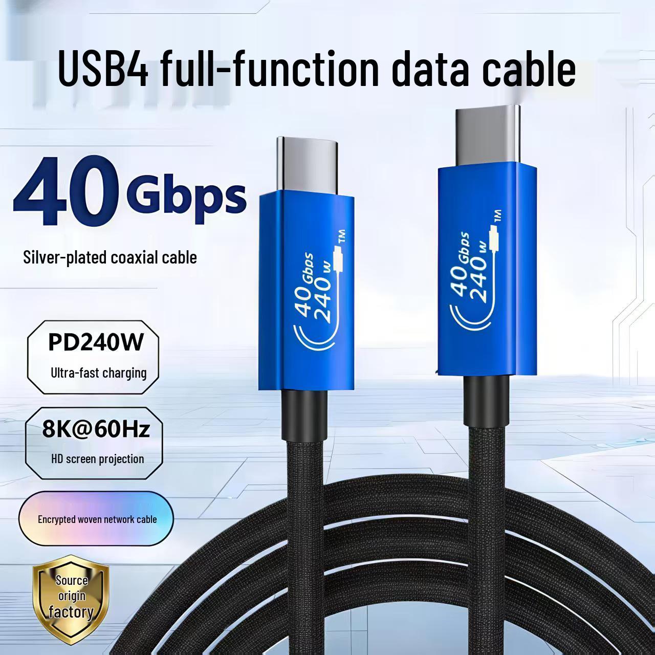 USB4 Thunderbolt 4 Coaxial Cable, 40Gbps Speed, 240W Fast Charging, 8K Type-C Data Cable 0.12m