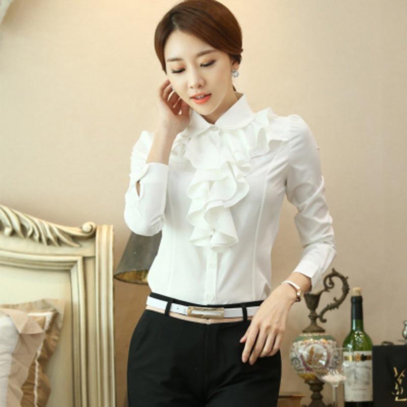 Women's 2025 Ruffled Lace White Chiffon Long Sleeve Slim Fit Professional Work Shirt