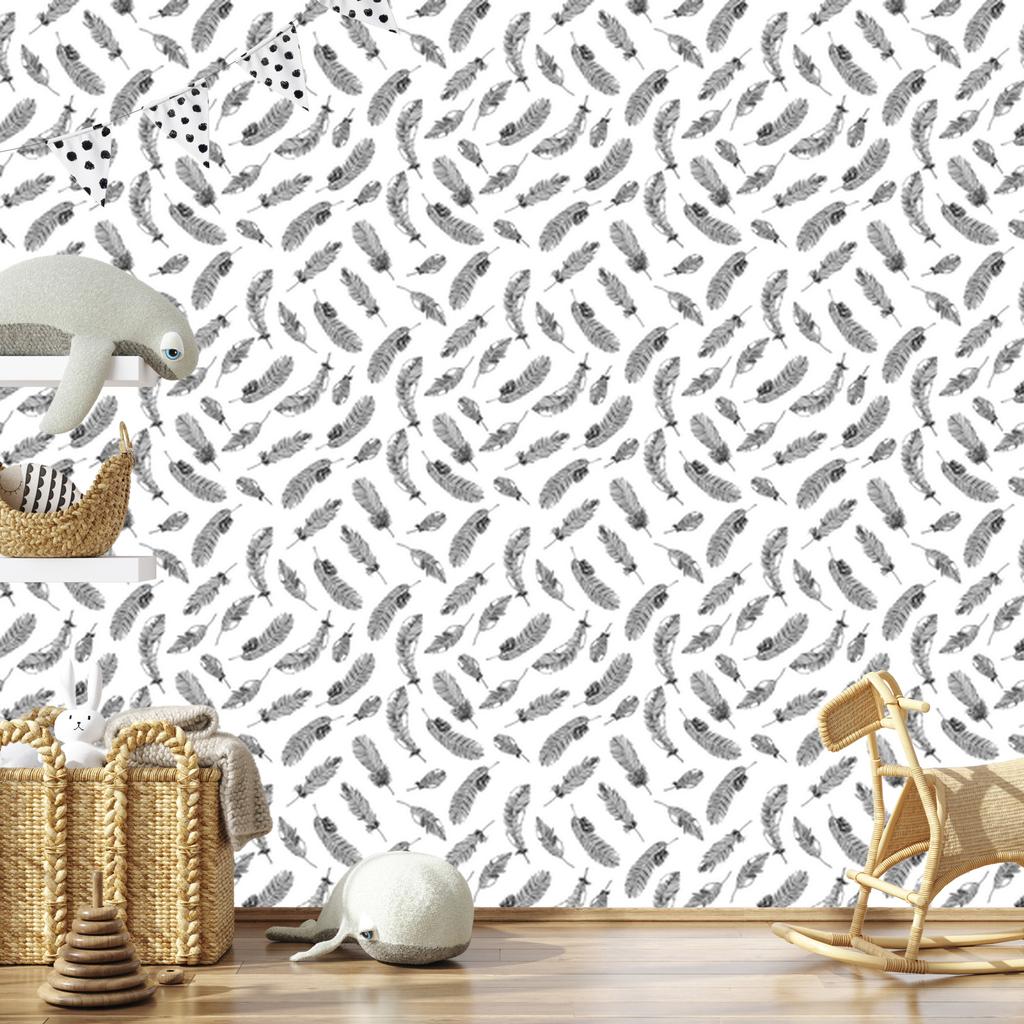 Retro wallpaper black feathers on a white background for the living room and bedroom 50x1000