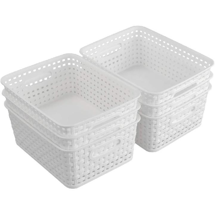 6-Pack White Storage Plastic Baskets, Plastic Weave Basket for Organizing