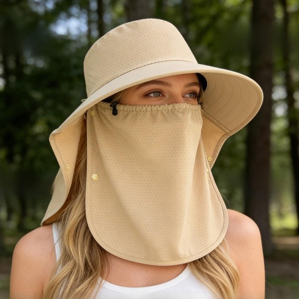 Wide-Brimmed Sunshade Sun Hat Solid Color Picking Tea Hat Windproof Rope Shawl Mask Hat  Jogging